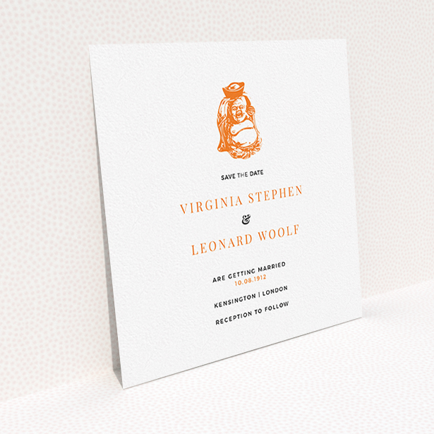 A wedding save the date card design called "Spiritual orange". It is a square (148mm x 148mm) card in a square orientation. "Spiritual orange" is available as a flat card, with tones of white and orange.