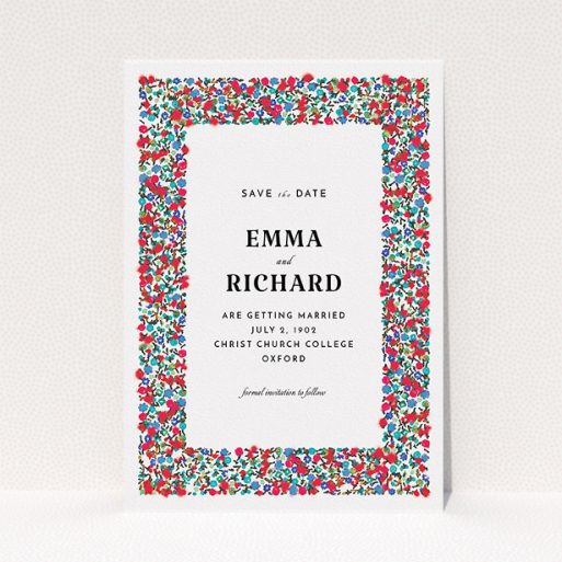 A wedding save the date card design titled "Summer from a distance". It is an A5 card in a portrait orientation. "Summer from a distance" is available as a flat card, with tones of white and red.
