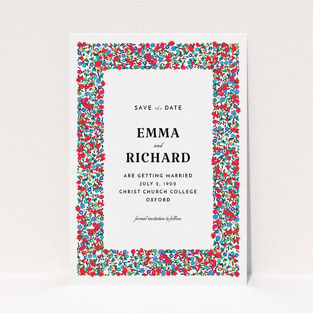 A wedding save the date card design titled "Summer from a distance". It is an A5 card in a portrait orientation. "Summer from a distance" is available as a flat card, with tones of white and red.