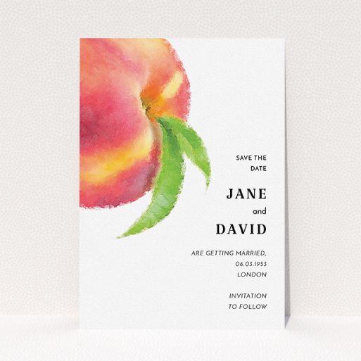 A wedding save the date card template titled "Summer peach". It is an A5 card in a portrait orientation. "Summer peach" is available as a flat card, with tones of white and red.