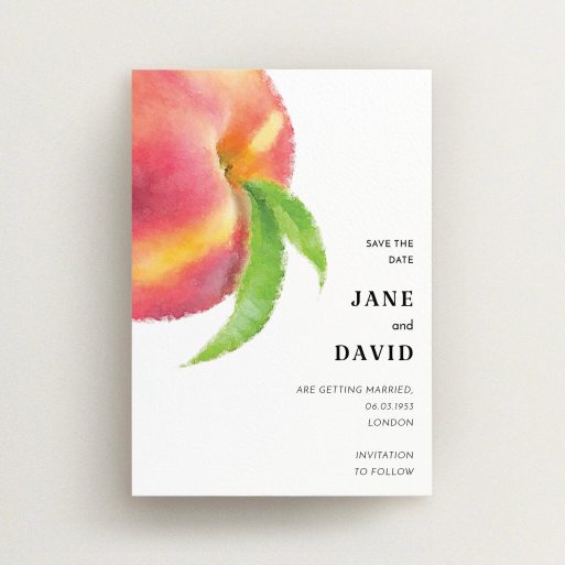 A wedding save the date card design titled "Summer peach". It is an A6 card in a portrait orientation. "Summer peach" is available as a flat card, with tones of white and red.