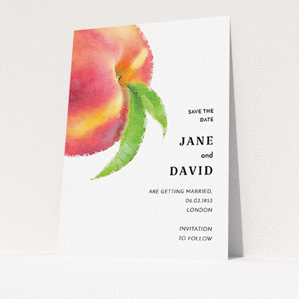 A wedding save the date card design titled "Summer peach". It is an A6 card in a portrait orientation. "Summer peach" is available as a flat card, with tones of white and red.