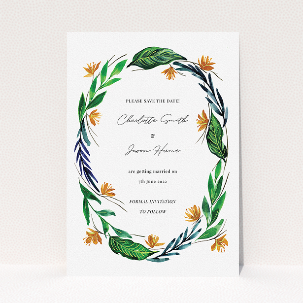 A wedding save the date card named "Summer Whirl Wreath". It is an A5 card in a portrait orientation. "Summer Whirl Wreath" is available as a flat card, with tones of green, dark blue and orange.