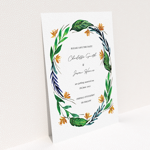 A wedding save the date card design named "Summer Whirl Wreath". It is an A6 card in a portrait orientation. "Summer Whirl Wreath" is available as a flat card, with tones of green, dark blue and orange.
