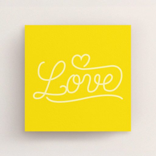 A wedding save the date card template titled "Sunshine Yellow Typography". It is a square (148mm x 148mm) card in a square orientation. "Sunshine Yellow Typography" is available as a flat card, with tones of yellow and white.