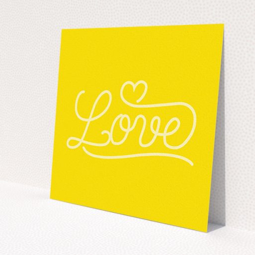 A wedding save the date card template titled 'Sunshine Yellow Typography'. It is a square (148mm x 148mm) card in a square orientation. 'Sunshine Yellow Typography' is available as a flat card, with tones of yellow and white.