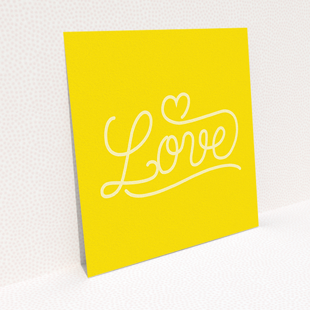A wedding save the date card template titled "Sunshine Yellow Typography". It is a square (148mm x 148mm) card in a square orientation. "Sunshine Yellow Typography" is available as a flat card, with tones of yellow and white.