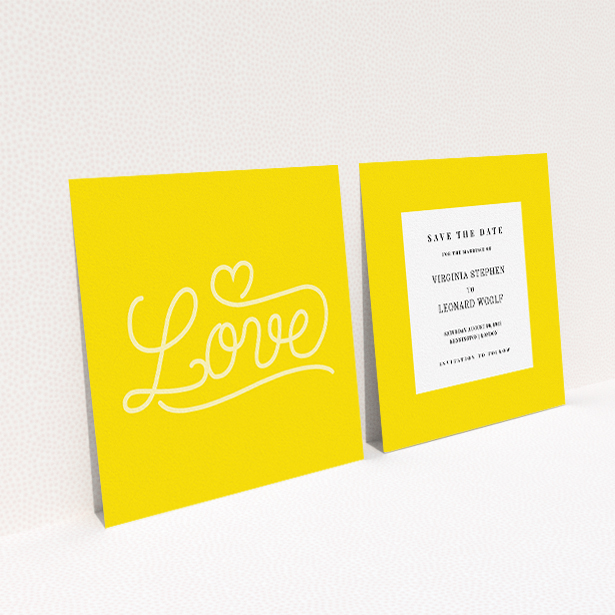 A wedding save the date card template titled "Sunshine Yellow Typography". It is a square (148mm x 148mm) card in a square orientation. "Sunshine Yellow Typography" is available as a flat card, with tones of yellow and white.