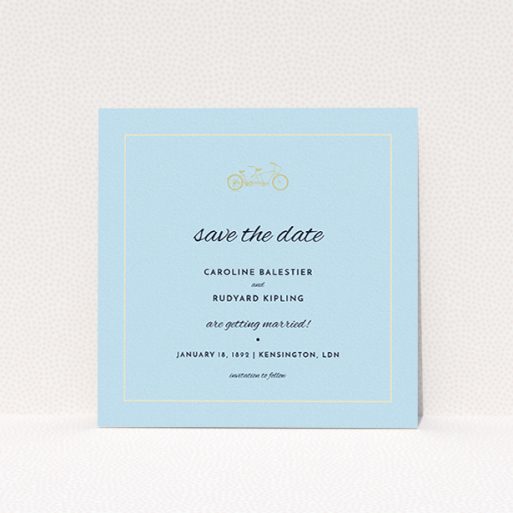 A wedding save the date card template titled "Tandem sheet". It is a square (148mm x 148mm) card in a square orientation. "Tandem sheet" is available as a flat card, with mainly blue colouring.