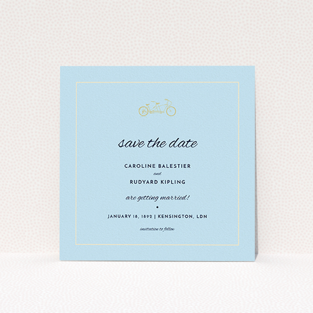 A wedding save the date card template titled "Tandem sheet". It is a square (148mm x 148mm) card in a square orientation. "Tandem sheet" is available as a flat card, with mainly blue colouring.