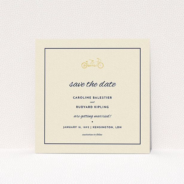 A wedding save the date card design titled "Tandem sheet". It is a square (148mm x 148mm) card in a square orientation. "Tandem sheet" is available as a flat card, with tones of cream and gold.