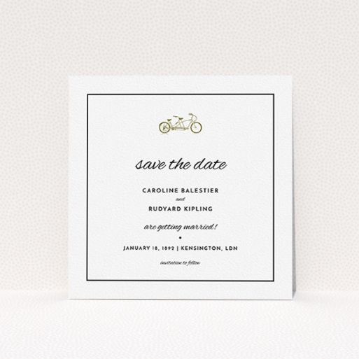 A wedding save the date card named "Tandem sheet". It is a square (148mm x 148mm) card in a square orientation. "Tandem sheet" is available as a flat card, with mainly gold colouring.