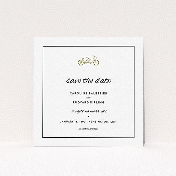 A wedding save the date card named "Tandem sheet". It is a square (148mm x 148mm) card in a square orientation. "Tandem sheet" is available as a flat card, with mainly gold colouring.
