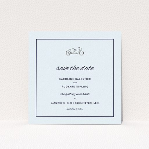 A wedding save the date card design called "Tandem sheet". It is a square (148mm x 148mm) card in a square orientation. "Tandem sheet" is available as a flat card, with tones of light blue and light grey.
