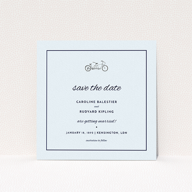 A wedding save the date card design called "Tandem sheet". It is a square (148mm x 148mm) card in a square orientation. "Tandem sheet" is available as a flat card, with tones of light blue and light grey.