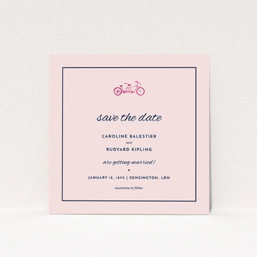 A wedding save the date card called "Tandem sheet". It is a square (148mm x 148mm) card in a square orientation. "Tandem sheet" is available as a flat card, with mainly pink colouring.