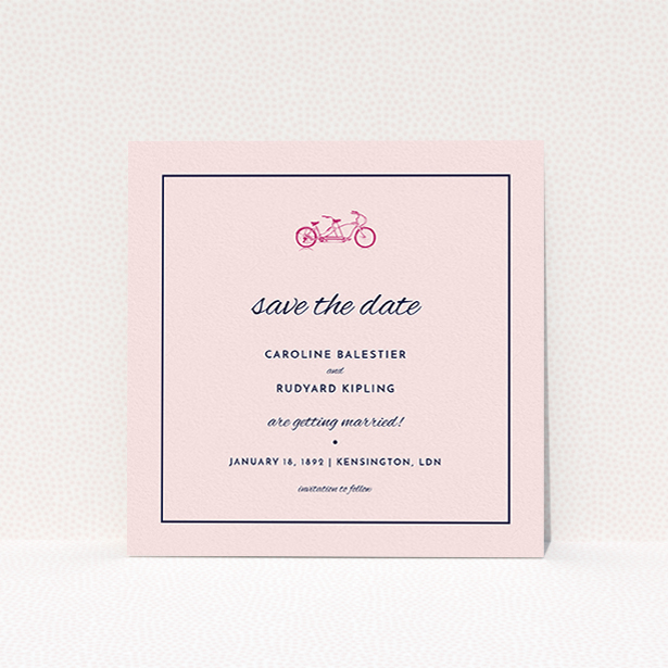 A wedding save the date card called "Tandem sheet". It is a square (148mm x 148mm) card in a square orientation. "Tandem sheet" is available as a flat card, with mainly pink colouring.