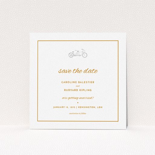 A wedding save the date card design titled "Tandem sheet". It is a square (148mm x 148mm) card in a square orientation. "Tandem sheet" is available as a flat card, with tones of white and orange.