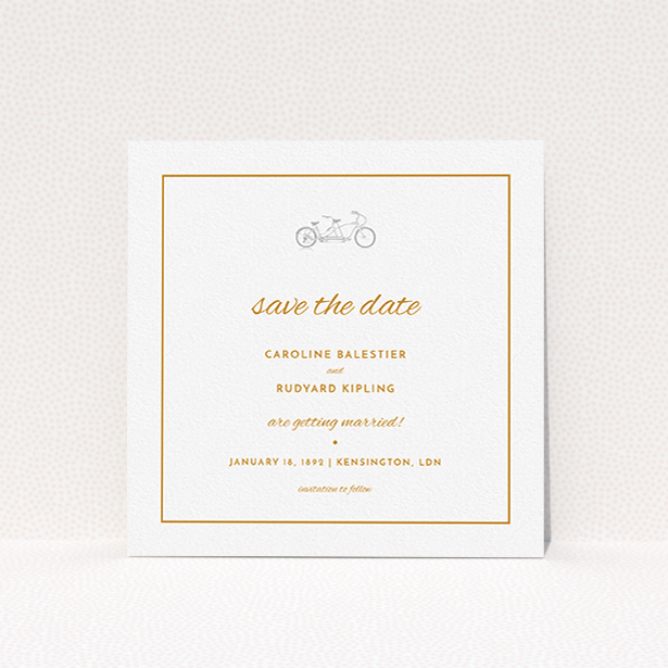 A wedding save the date card design titled "Tandem sheet". It is a square (148mm x 148mm) card in a square orientation. "Tandem sheet" is available as a flat card, with tones of white and orange.