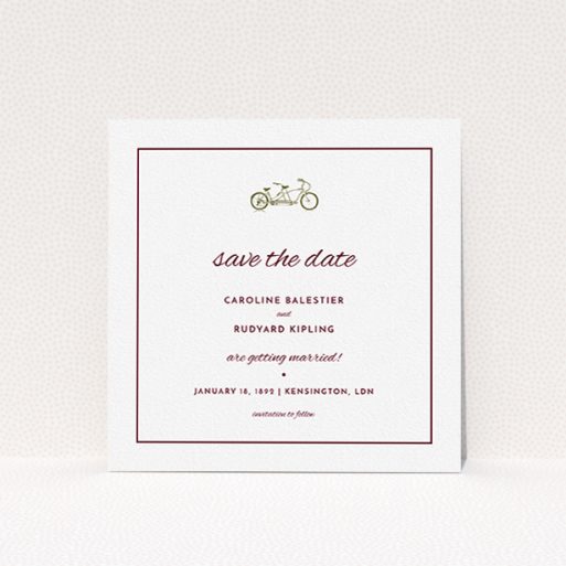 A wedding save the date card design named "Tandem sheet". It is a square (148mm x 148mm) card in a square orientation. "Tandem sheet" is available as a flat card, with tones of white and burgundy.