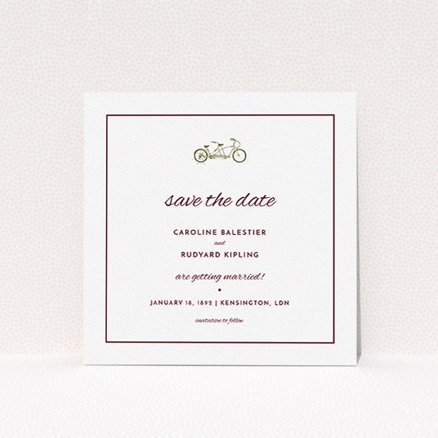 A wedding save the date card design named "Tandem sheet". It is a square (148mm x 148mm) card in a square orientation. "Tandem sheet" is available as a flat card, with tones of white and burgundy.