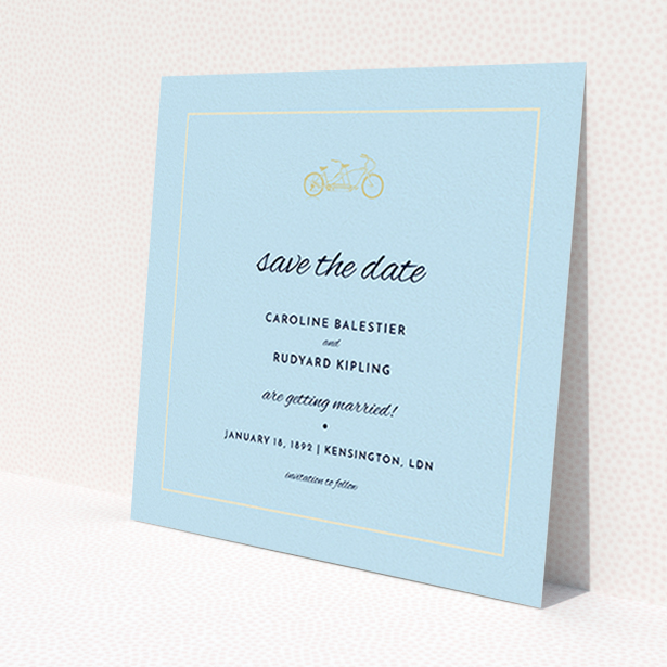 A wedding save the date card template titled 'Tandem sheet'. It is a square (148mm x 148mm) card in a square orientation. 'Tandem sheet' is available as a flat card, with mainly blue colouring.