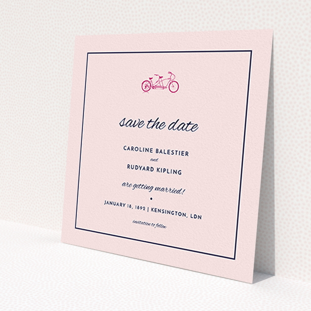A wedding save the date card called 'Tandem sheet'. It is a square (148mm x 148mm) card in a square orientation. 'Tandem sheet' is available as a flat card, with mainly pink colouring.