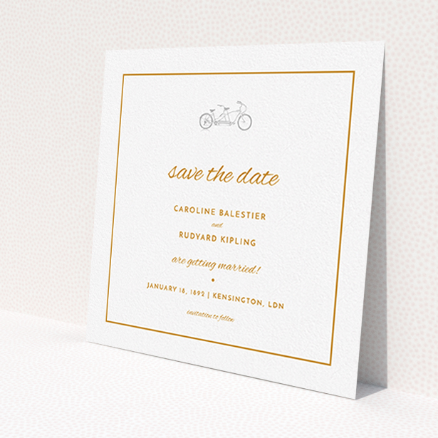 A wedding save the date card design titled 'Tandem sheet'. It is a square (148mm x 148mm) card in a square orientation. 'Tandem sheet' is available as a flat card, with tones of white and orange.