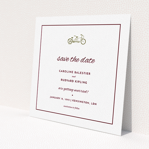 A wedding save the date card design named 'Tandem sheet'. It is a square (148mm x 148mm) card in a square orientation. 'Tandem sheet' is available as a flat card, with tones of white and burgundy.