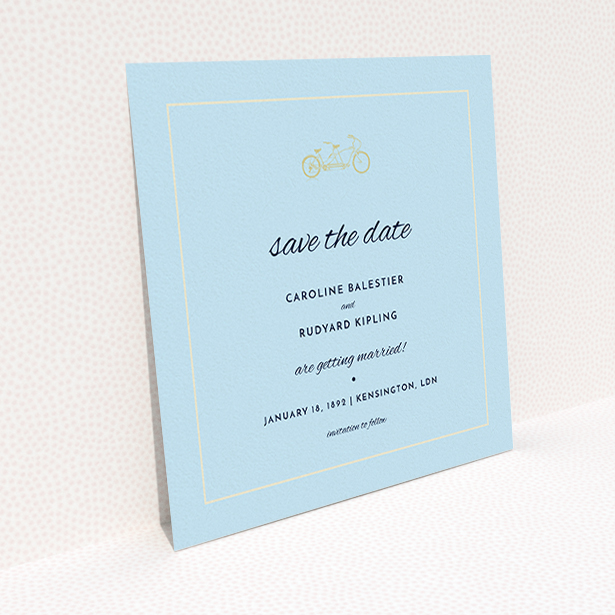 A wedding save the date card template titled "Tandem sheet". It is a square (148mm x 148mm) card in a square orientation. "Tandem sheet" is available as a flat card, with mainly blue colouring.