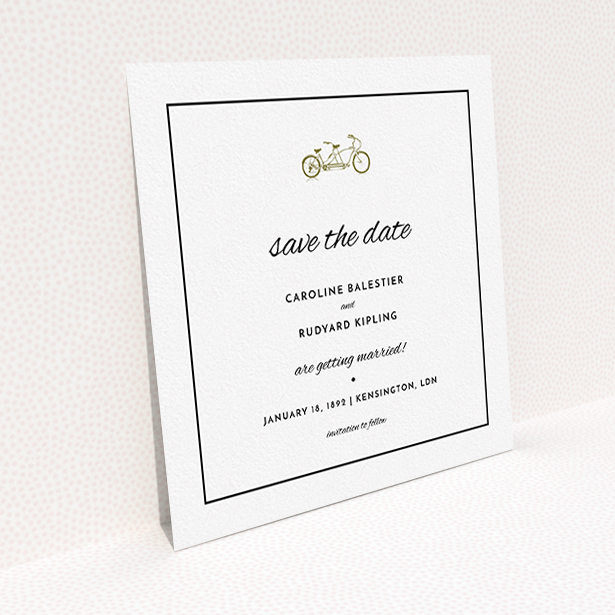 A wedding save the date card named "Tandem sheet". It is a square (148mm x 148mm) card in a square orientation. "Tandem sheet" is available as a flat card, with mainly gold colouring.