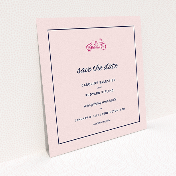 A wedding save the date card called "Tandem sheet". It is a square (148mm x 148mm) card in a square orientation. "Tandem sheet" is available as a flat card, with mainly pink colouring.