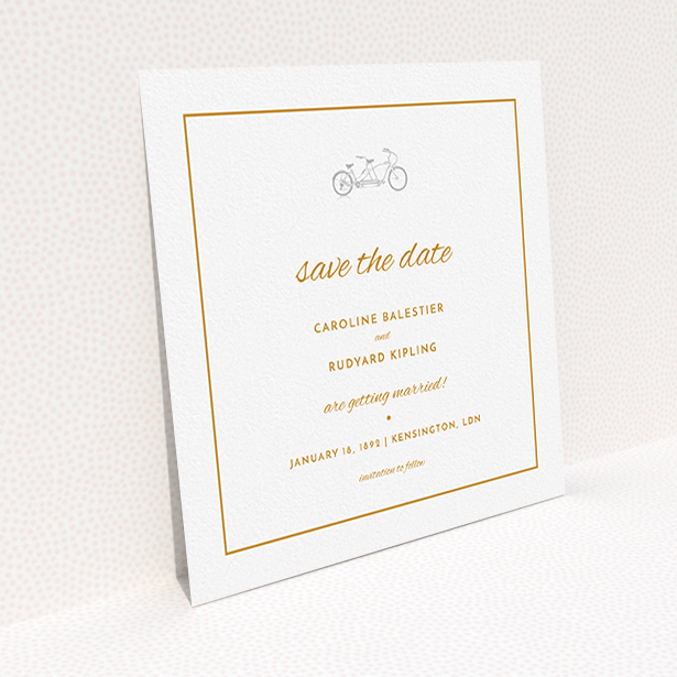 A wedding save the date card design titled "Tandem sheet". It is a square (148mm x 148mm) card in a square orientation. "Tandem sheet" is available as a flat card, with tones of white and orange.