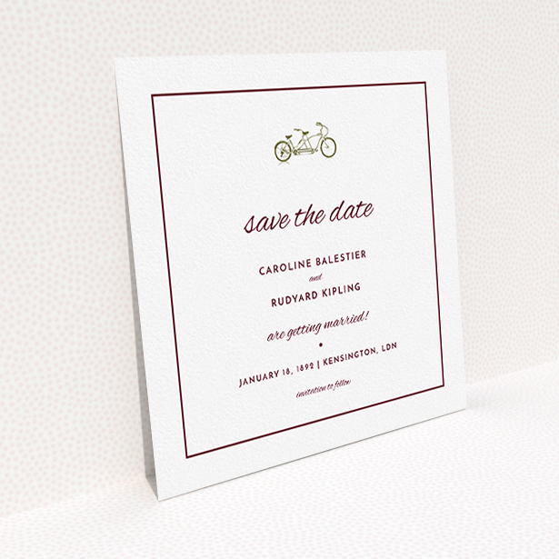 A wedding save the date card design named "Tandem sheet". It is a square (148mm x 148mm) card in a square orientation. "Tandem sheet" is available as a flat card, with tones of white and burgundy.