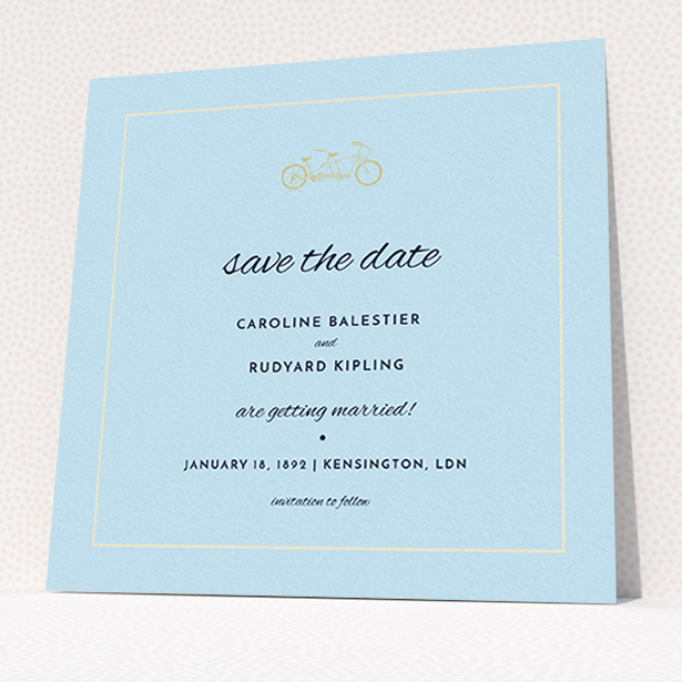 A wedding save the date card template titled "Tandem sheet". It is a square (148mm x 148mm) card in a square orientation. "Tandem sheet" is available as a flat card, with mainly blue colouring.