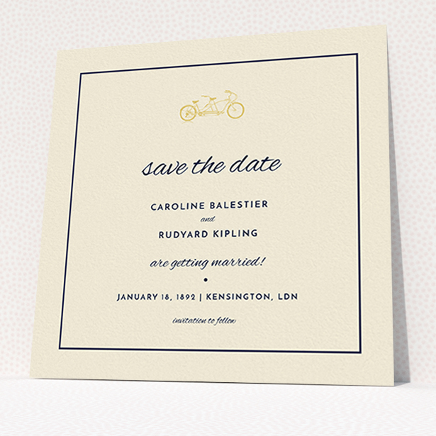 A wedding save the date card design titled "Tandem sheet". It is a square (148mm x 148mm) card in a square orientation. "Tandem sheet" is available as a flat card, with tones of cream and gold.