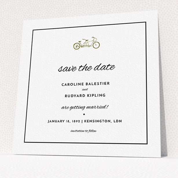 A wedding save the date card named "Tandem sheet". It is a square (148mm x 148mm) card in a square orientation. "Tandem sheet" is available as a flat card, with mainly gold colouring.