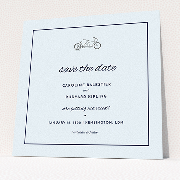 A wedding save the date card design called "Tandem sheet". It is a square (148mm x 148mm) card in a square orientation. "Tandem sheet" is available as a flat card, with tones of light blue and light grey.