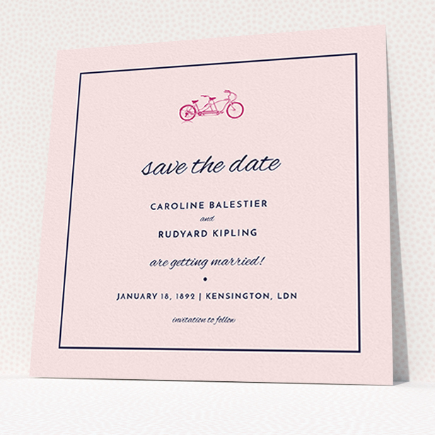 A wedding save the date card called "Tandem sheet". It is a square (148mm x 148mm) card in a square orientation. "Tandem sheet" is available as a flat card, with mainly pink colouring.