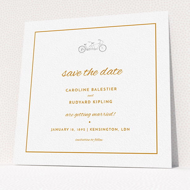 A wedding save the date card design titled "Tandem sheet". It is a square (148mm x 148mm) card in a square orientation. "Tandem sheet" is available as a flat card, with tones of white and orange.