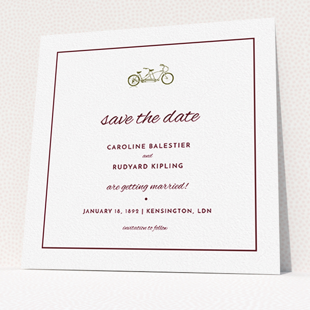 A wedding save the date card design named "Tandem sheet". It is a square (148mm x 148mm) card in a square orientation. "Tandem sheet" is available as a flat card, with tones of white and burgundy.