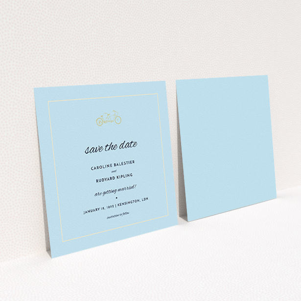 A wedding save the date card template titled "Tandem sheet". It is a square (148mm x 148mm) card in a square orientation. "Tandem sheet" is available as a flat card, with mainly blue colouring.