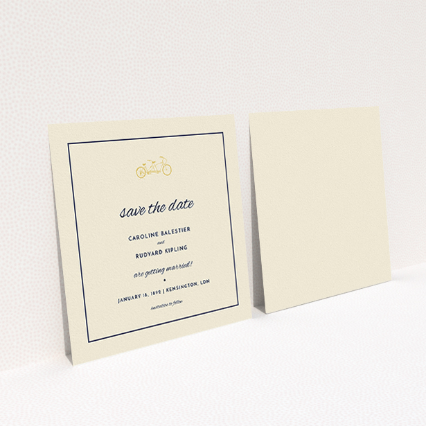 A wedding save the date card design titled "Tandem sheet". It is a square (148mm x 148mm) card in a square orientation. "Tandem sheet" is available as a flat card, with tones of cream and gold.