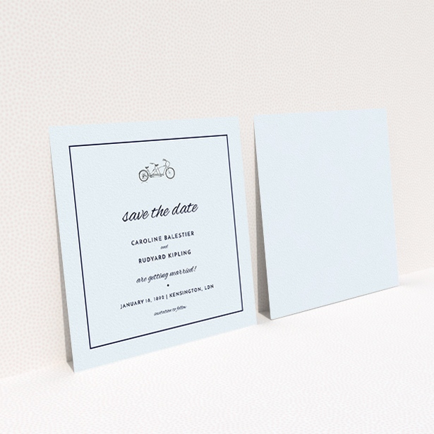 A wedding save the date card design called "Tandem sheet". It is a square (148mm x 148mm) card in a square orientation. "Tandem sheet" is available as a flat card, with tones of light blue and light grey.