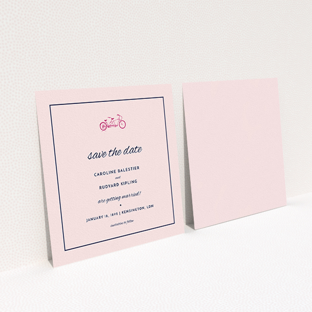 A wedding save the date card called "Tandem sheet". It is a square (148mm x 148mm) card in a square orientation. "Tandem sheet" is available as a flat card, with mainly pink colouring.