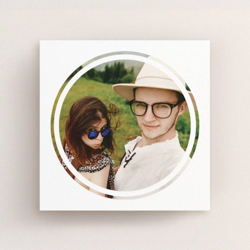 A wedding save the date card named "Target practice". It is a square (148mm x 148mm) card in a square orientation. It is a photographic wedding save the date card with room for 1 photo. "Target practice" is available as a flat card, with mainly white colouring.