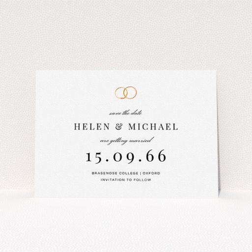 A wedding save the date card called "The newlyweds". It is an A5 card in a landscape orientation. "The newlyweds" is available as a flat card, with tones of white and gold.