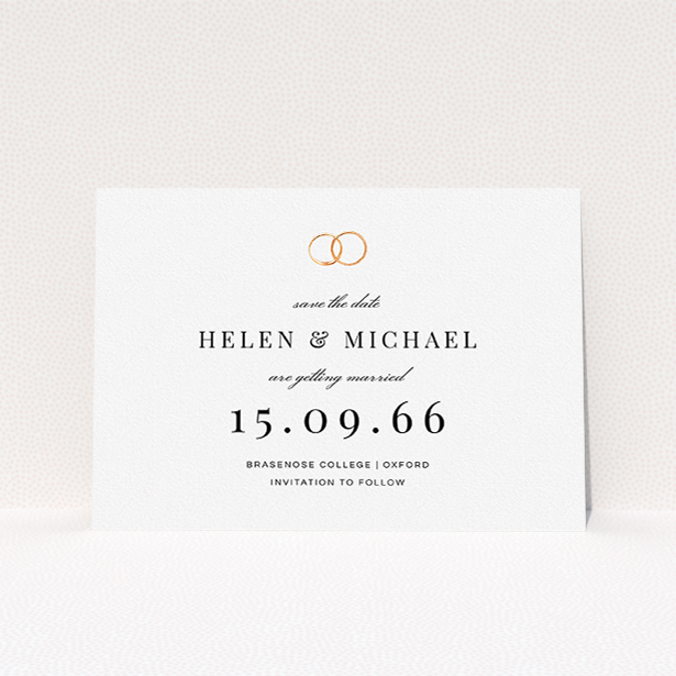 A wedding save the date card called "The newlyweds". It is an A5 card in a landscape orientation. "The newlyweds" is available as a flat card, with tones of white and gold.