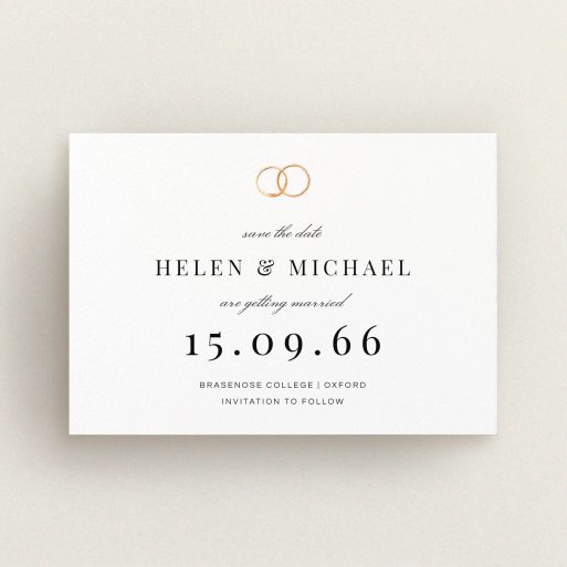 A wedding save the date card template titled "The newlyweds". It is an A6 card in a landscape orientation. "The newlyweds" is available as a flat card, with tones of white and gold.