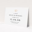 A wedding save the date card template titled "The newlyweds". It is an A6 card in a landscape orientation. "The newlyweds" is available as a flat card, with tones of white and gold.
